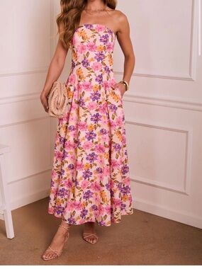 Vici Strapless Floral Midi Dress in Pink, Purple & Cream